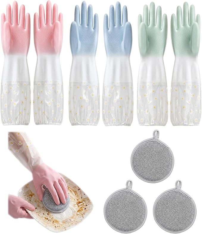 3PCS Dishwashing Cleaning Gloves + 3PCS Wire Dish Rags Set - Long Cuff Reusable Rubber Gloves & Non-Scratch for Kitchen, Cleaning, Gardening - Waterproof, Tear-Resistant