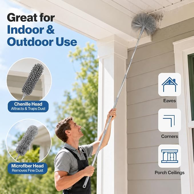 20FT Long Duster for High Ceilings, 3.4-14FT Cobweb Duster with Extension Pole, High Reach Duster Kit with Washable Head for Cleaning Ceiling Fans, Ceilings, Cobwebs