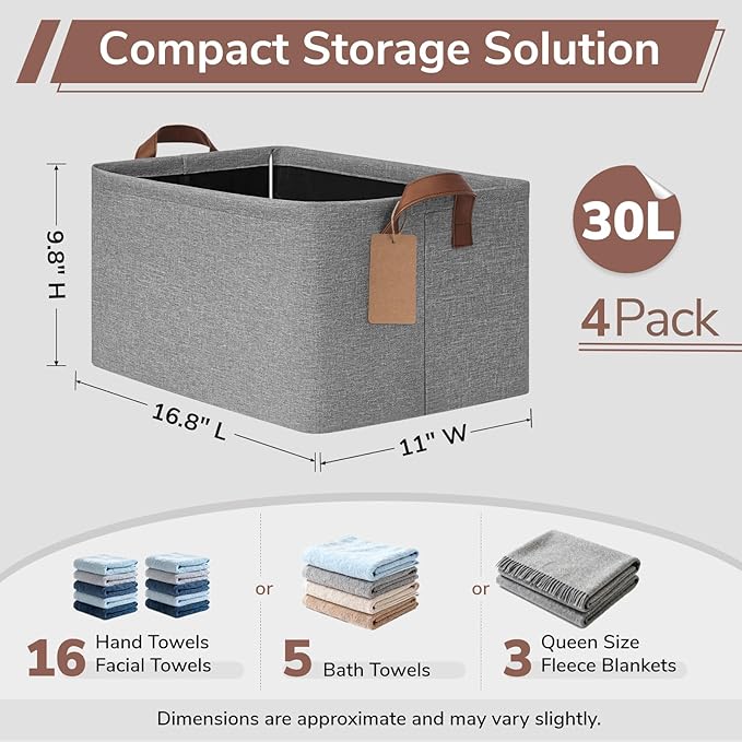 CHICVITA 4 Pack Large Fabric Storage Baskets for Shelves, 30L Gray | 16.8" × 11" × 9.8" Closet Storage Bins for Clothes, Toys & Towels, Fits Nursery & Bathroom Organization, Metal Frame
