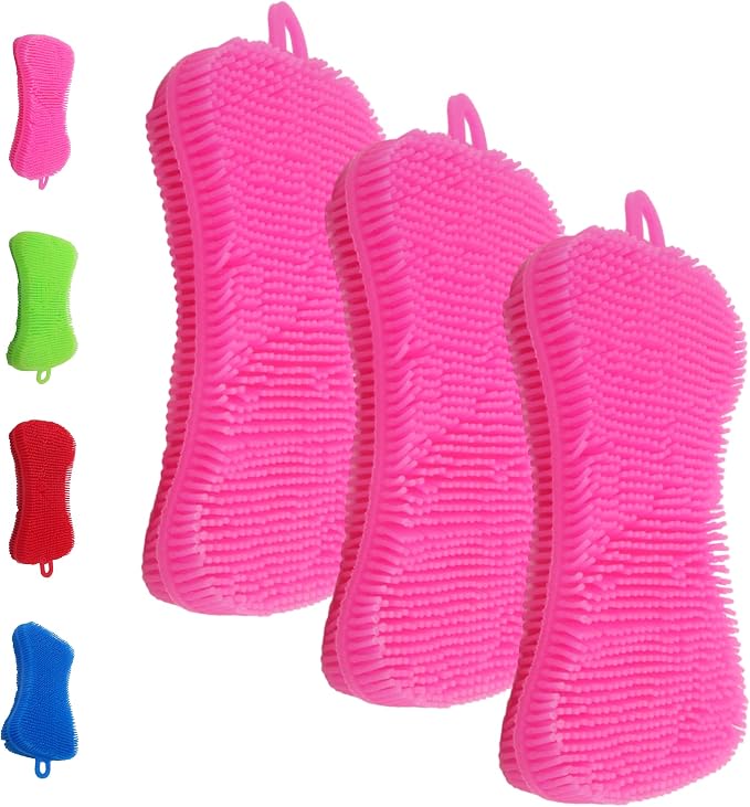 Gadgetime USA Silicone Dish Sponge - Dishwashing Kitchen Scrubber - Double Sided Sponge Brush - Multipurpose & Reusable Silicone Dish Sponges for Dishes, Fruits & Vegetables Cleaning - Pink (3 Pack)