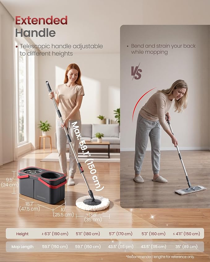 SONGMICS Spin Mop and Bucket Set, 2 Washable Microfiber Mop Heads, Wheels | Separate Clean and Dirty Water, Stainless Steel Wringer, 18.7 x 10 x 9.5 Inch, Gray and Red, CLEMAX Collection ULMB004GT02