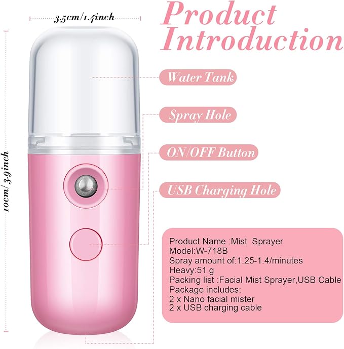 Honoson 2 Pack Nano Facial Mister for Lashes Sprayer,Blue and Dark Pink | USB Rechargeable Handheld Humidifier with Eyelash Extensions, 1 Oz Portable Sprayer Ideal for Makeup Skin Hydration