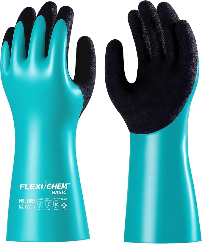 JDL Heavy-Duty Nitrile Chemical Gloves with Nylon Lining, Black Sandy Finish, Reusable Rubber Work Gloves, Acid/Alkali/Oil Protection, Non-Slip, X-Large