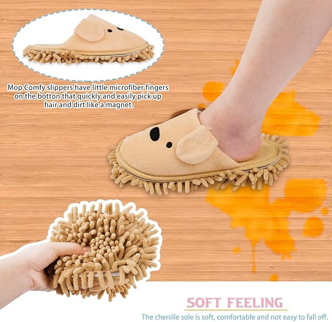 Detachable Dog Microfiber Mop Slippers Dusting for Home Khaki | Washable Mopping Shoes, Floor Dusting Slippers, Cleaning Slippers for Dirt Hair