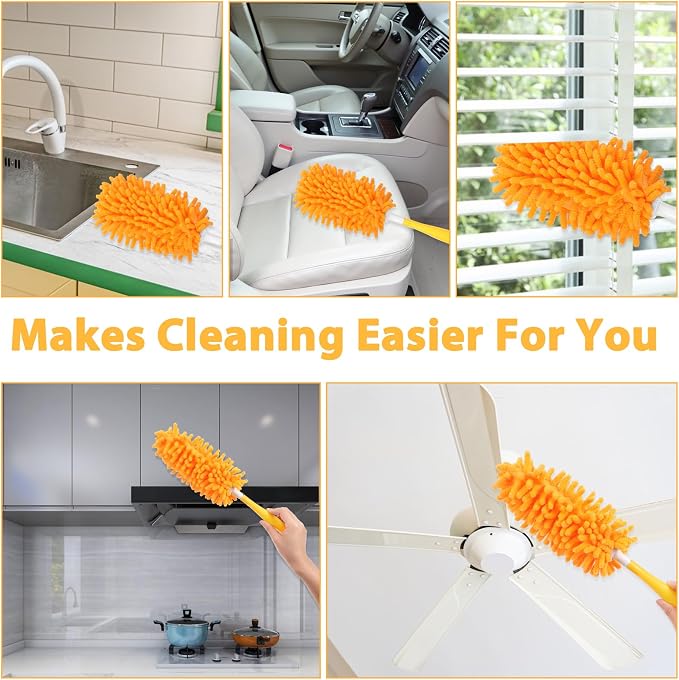 11-Pack Reusable Duster Kit – Heavy Duty Chenille Refills with Handle, 360° Microfiber Dusting for Home & Office (Orange)