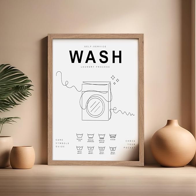 Poster Master 3-Piece Wash Dry Fold Print - Laundry Poster - Line Drawing Art - Black & White Design - Symbols & Guide Art - Minimal Laundry Room Decor - 16x20 Beige Framed