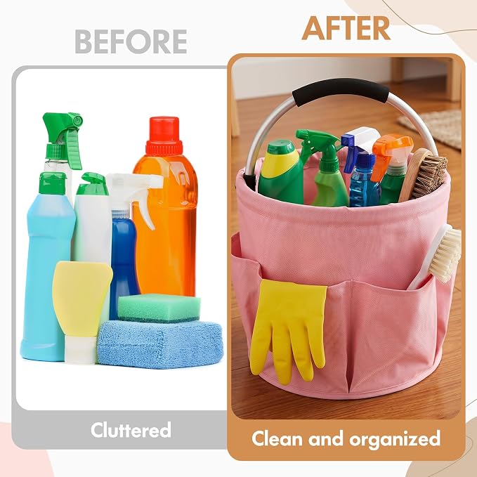 LemonRoad 10 Pack Cleaning Caddy with Handle Bulk 17L Collapsible Cleaning Supplies Organizer, Waterproof Oxford Cloth Tote with 6 Pockets & Soft Grip Handle for Housekeeping, Office, Home, Garden