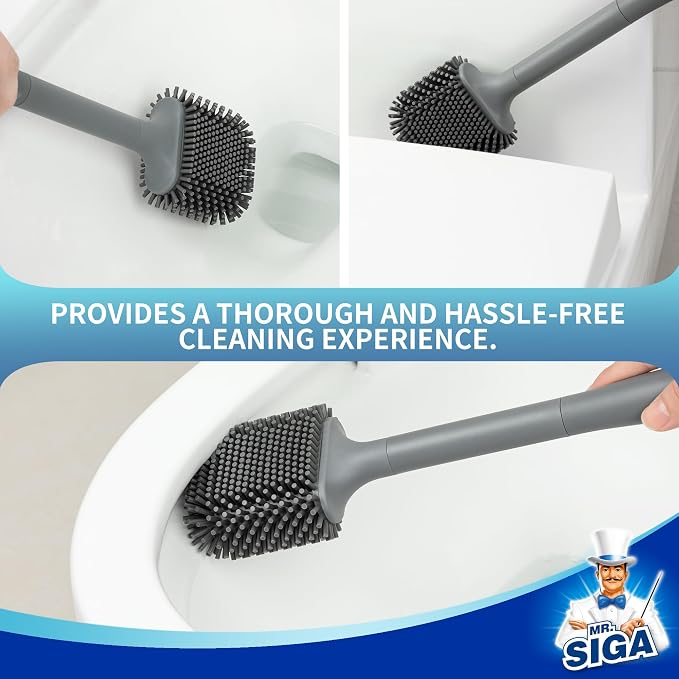 MR.SIGA Toilet Brush and Holder Wall Mounted, Gray, 1 Pack | Compact space saving toilet cleaner brush, scratch free thermoplastic rubber head, easy to clean and dry quickly