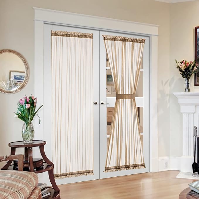 MIULEE Brown 54 Wide and 72 Inches Length French Door Sheer Curtains | Light Filtering Window Treatment with 2 Tiebacks, Front Back Patio Glass Door, Set of 2