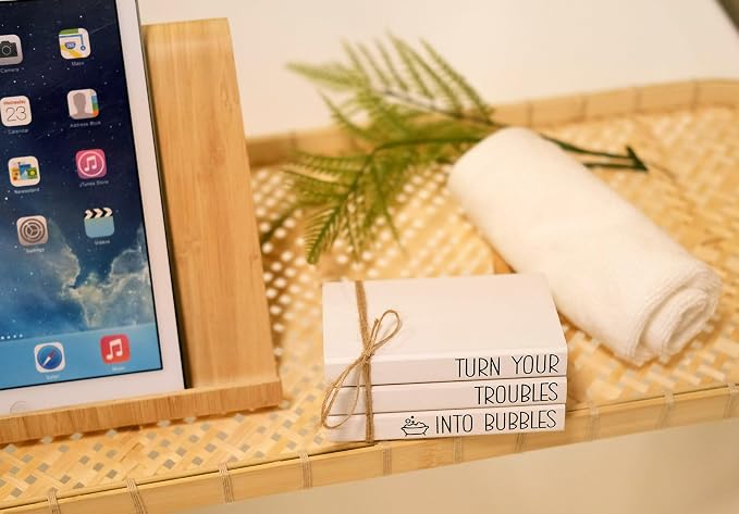Mini Farmhouse Bathroom Decor - Funny Rustic Wooden Decorative Books Stack for Restroom Shelf Decor - Turn Your Troubles into Bubbles Sign