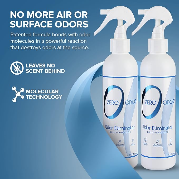 Zero Odor Multi-Purpose Odor Eliminator, Fabric & Room Deodorizer, 2 Pack | Odor Eliminator Spray for Hotel, Bathroom, Basement, Trash & Upholstery - Travel Size Odor Neutralizer, (8 oz Each)