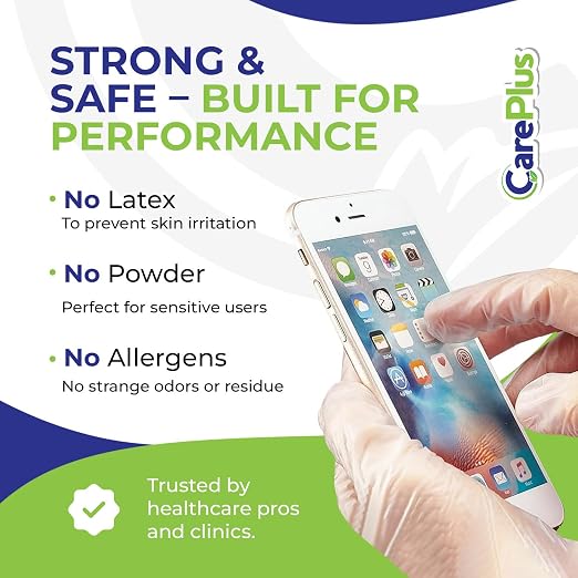 CARE PLUS Pro Vinyl Gloves Clear Large, Latex & Powder Free, 100 Count | Exam grade protection for food prep, hair coloring, salons & housekeeping; ambidextrous, tear resistant, comfortable fit