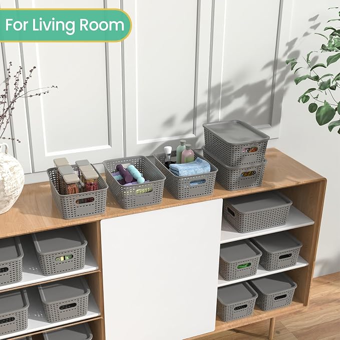 Ohmlove 8 Pack Plastic Storage Baskets with Lids for Organization | Stackable Storage bins, Storages Baskets for Organizing Shelves Drawers Desktop Closet Playroom Classroom Office, Gray