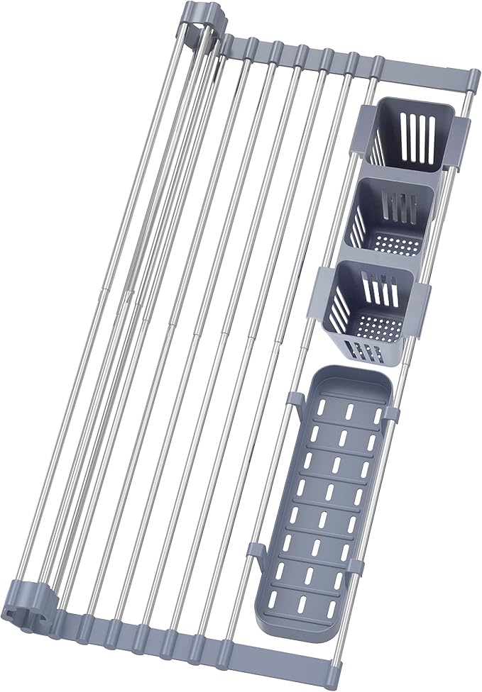 BBXTYLY Expandable Roll Up Dish Drying Rack Up to 22.8''with 2 Storage Baskets,Over The Sink Kitchen Rolling up Dish Drainer Drying Rack, Foldable,Rollable,for Kitchen Dishes(Expandable Width Size)