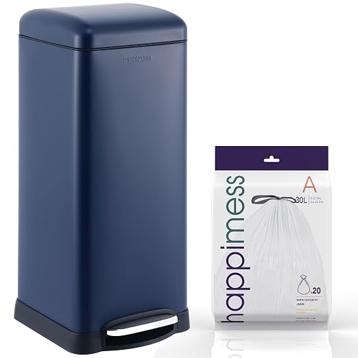 happimess Betty 8 Gal Step Trash Can Soft-Close Lid, Denim Blue | Removable Liner, Semi-Rectangular, Steel Pedal, Iron Powder Coated, 27" Height, Non-Skid Base