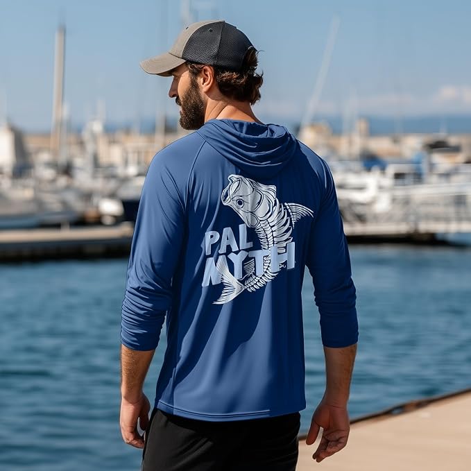 Palmyth Men's Fishing Hoodie UPF 50+ Long Sleeve with Face Mask Neck Gaiter | Zipper Pocket, Thumb Loops, Quick-Dry, Side Mesh Panels, Lens Cleaning Cloth