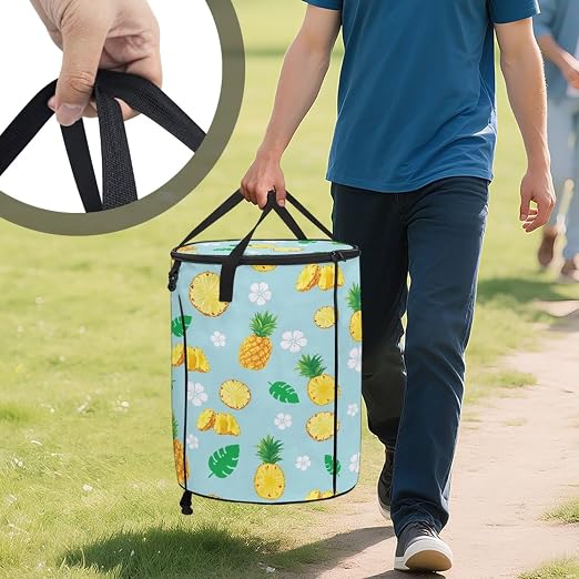 BIGCARJOB Pineapple Collapsible Trash Can Portable Tall Trash Can Holder Oval Recycling Bin 22.83x17.71 Outside Garbage Bin Bag with Clip and Zipper Lid
