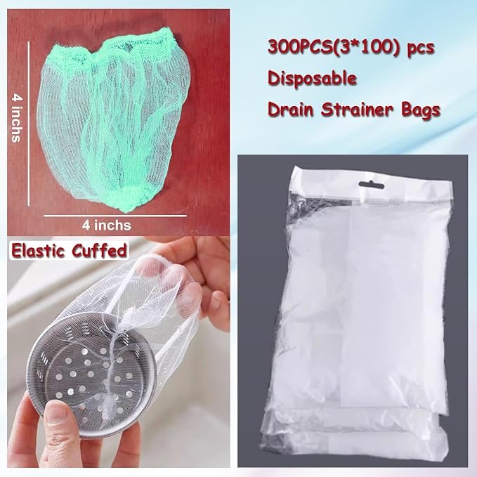 300 Filter Net Bags for Sink Drain Strainer with Storage & Dispenser Box | Anti-Clogging Disposable Drain Dovers Mesh Sink Strainer Sink Trash Catcher Bags for Kitchen,Bath,Tub Drain etc