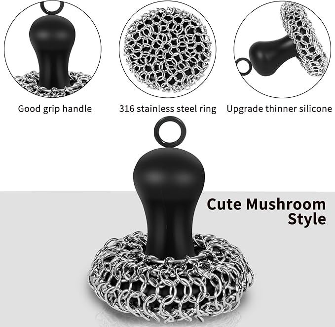 Cast Iron Cleaner Scrubber with Pan Scraper, Patented Chain Mail Scrubber | with Hanging Loop, Metal Chainmail Scrubber Sponge Scrub Brush Cleaning kit to Clean Pan Pot, Skillet, Grill, Dutch Oven, Wok