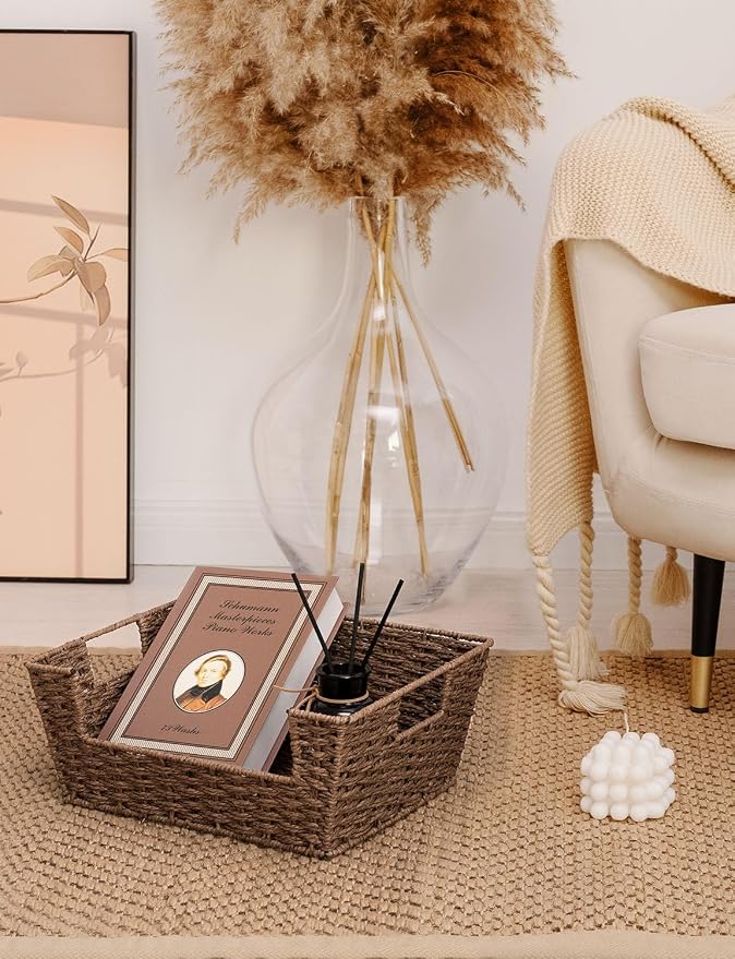 StorageWorks Pantry Baskets for Shelves, Wicker Baskets, Brown Paper Rope | Pantry Baskets for Patato and Onion Storage, Stackable Wicker Basket Organizer for Shelf, Woven Basket for Storage, 2-Pack
