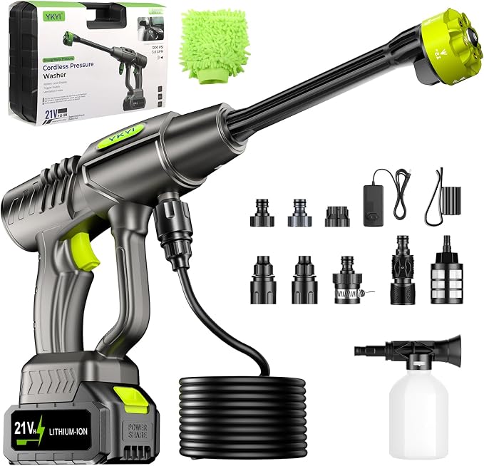 YKYI Cordless Pressure Washer 1200PSI, Portable Power Washer with 30 speeds | High Pressure, 4000mAh Batteries, 21V Brushless Motor, 24FT Hose & 6-in-1 Nozzle for Car, Driveway, Garden, Patio & Fence
