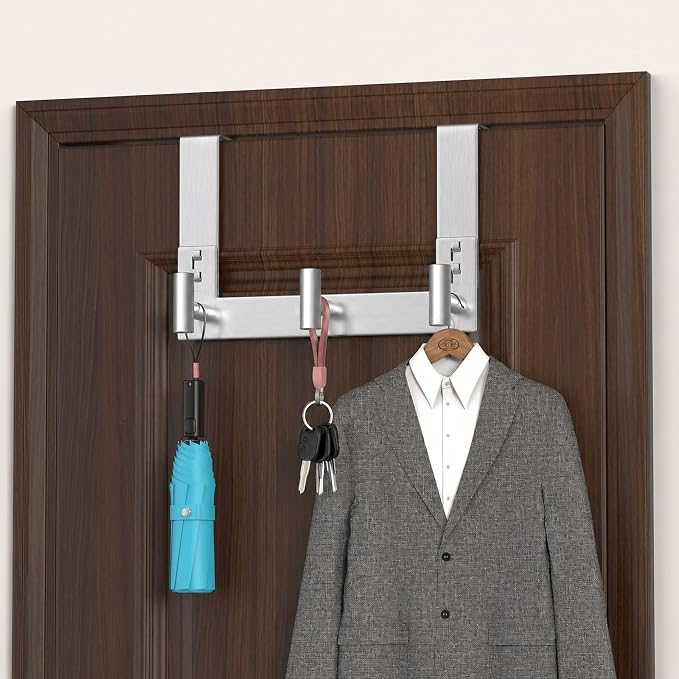 PMMASTO Door Hanger for 1-3/4 Inch Doors, Silver- 3 Hooks, T Shape | Stainless Steel Door Hooks Organize Coats Towels Robes in Bathrooms Bedrooms Closets