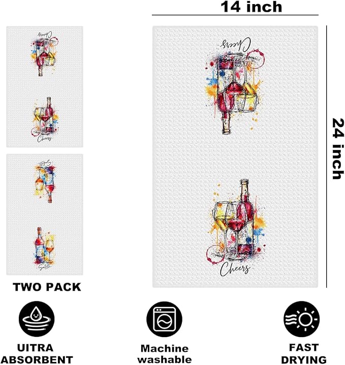 2 Pcs Graffiti Wine Kitchen Towels, Italian Gifts Reusable Dish Towels | Waffle Weave Hand Cloth Tea Towel for Kitchen Bathroom Home Decor, Wine Lover Gifts for Women Mom Friend 24x14 Inch
