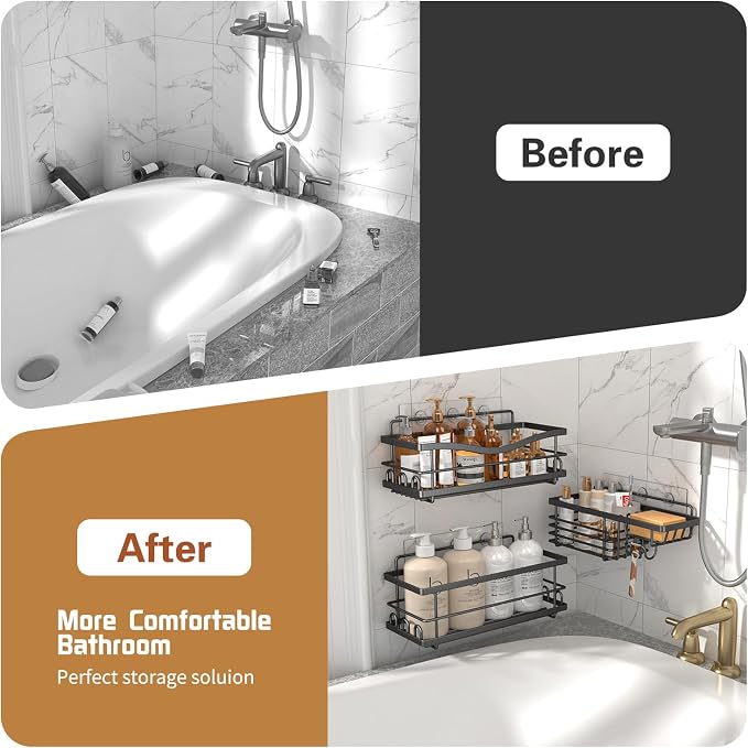 Youvip Shower Caddy, 3 Pack, Black | Large Capacity, No Drilling Adhesive, Rustproof Shelves, Soap Holder