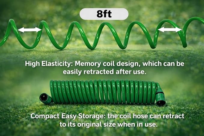 Coil Garden Hose 8 ft, Curly Water Hose with Plastic Connectors, Recoil Garden Water Hose, Retractable, Corrosion Resistant Garden Coil Hose.