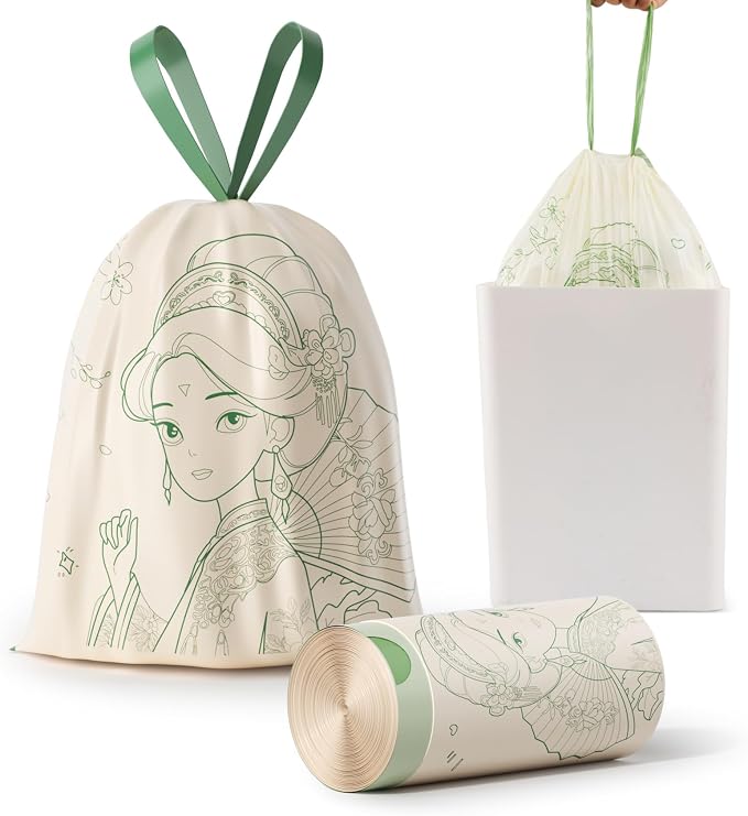 4 Gallon Trash Bags Drawstring, Colorful & Portable Small Trash Bags with Chinese-style Flower Girl Printed, Tear-Resistant Garbage Bags 4 Gallon for Bathroom Office Trash Cans, 30 Count