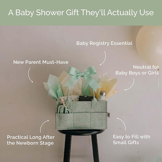 Parker Baby Co. Felt Diaper Caddy Organizer - Large, Sage | Portable nursery storage bin for diapers, wipes, bottles & baby essentials in home/car. Soft felt, foldable design 16x10x7"