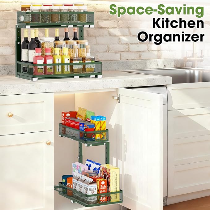 Under Sink Organizer, 2-Tier Pull-Out Cabinet Storage Shelf, Dark Green | Under Kitchen Sink Organizer, 5 Height Adjustable, Sliding Mesh Drawers for Bathroom Pantry Laundry Organization Rack
