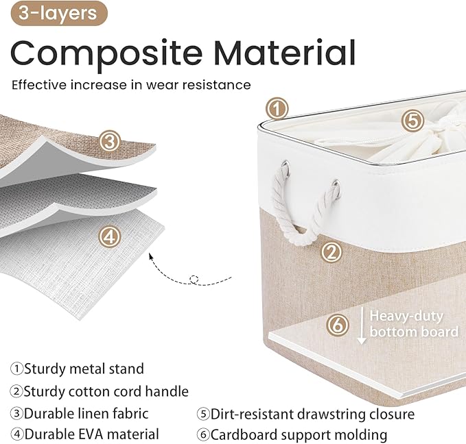 16x12x12 In Foldable Fabric Large Storage Bins with Handle 1 Pack | Storage Basket with Draw String Top, Sturdy Metal Strand, Cardboard Support Molding, for Shelf, Closet, Bedroom, White/Khaki
