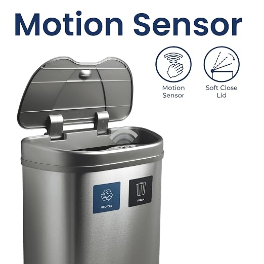 Ninestars 18.5 Gallons Automatic Touchless Kitchen Trash Can, Motion Sensor Trash Can for Kitchen, Office 70 Liter Stainless Steel Recycling Bin (2 x 9.2 Gallon Double Compartment)