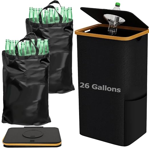 Recycling Bin for Kitchen, 26Gal (100L) Indoor Recycle Trash Can with Lid | Oxford Fabric Large Recycling Bin with 2 Removable Reusable Inner Bags for Bottle Can Glass Plastic Waste, Black
