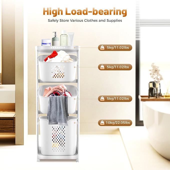 3 Tiers Rolling Laundry Hamper Cart, Laundry Baskets with Wheels, Clothes Washing Storage Basket for Kitchens, Bathrooms, Bedrooms, Laundry Rooms