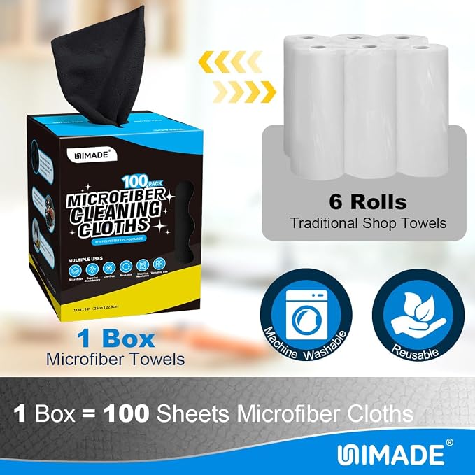 Microfiber Cleaning Cloth, 100 Sheets Microfiber Towels for Cars | Commercial Grade Washcloths Lint-Free Bulk Shop Towel Cleaning Rags for Mechanic Garage Housekeeping, 11"x 9", Black