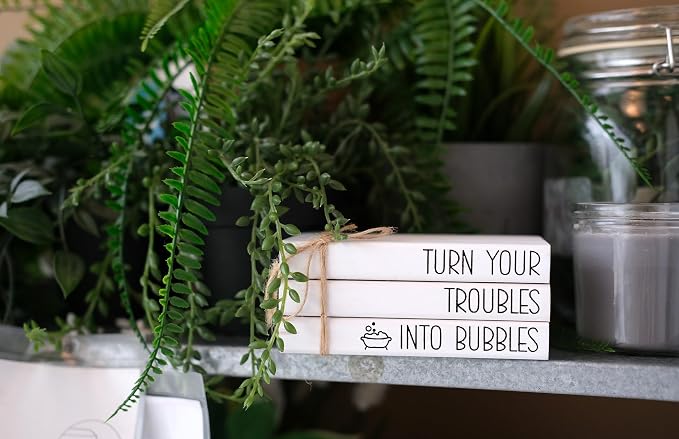 Mini Farmhouse Bathroom Decor - Funny Rustic Wooden Decorative Books Stack for Restroom Shelf Decor - Turn Your Troubles into Bubbles Sign