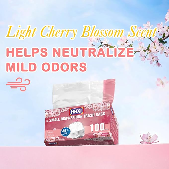 100Ct 4 Gallon Small Trash Bags, Cherry Blossom Garbage Bags, Scented Trash Bags, Odor Resistant with Drawstring