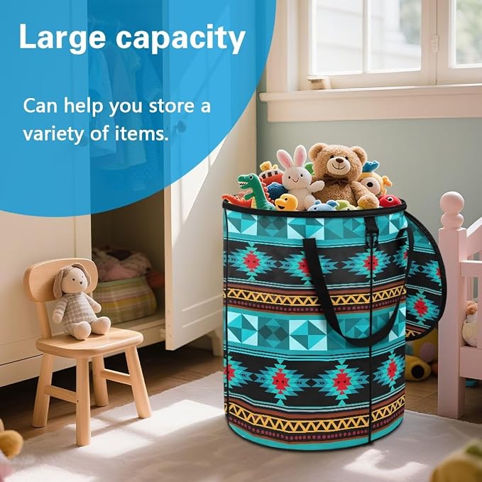24 Gallon Large Capacity Collapsible Trash Can with Lid and Handles, Garden Leaf Bin Foldable Camping Trash Can for Yard Outdoor Picnics Blue Navajo Tribal Geometric Print
