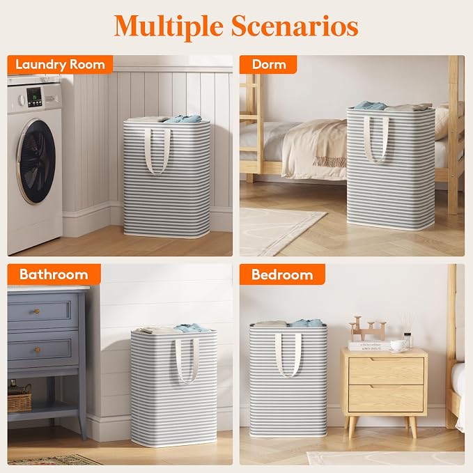 Lifewit 65L Collapsible Laundry Basket with Extended Handles, Grey | Foldable Laundry Hamper, Slim Dirty Clothes Basket, Waterproof, Freestanding Design for Bedroom, Bathroom, College Dorm