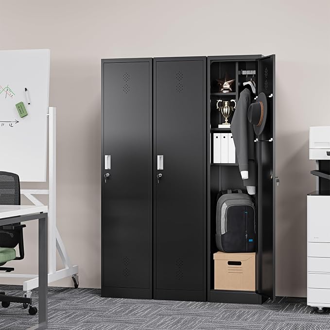 Broom Closet Storage Cabinet,Metal Cleaning Supply Tool Cabinet,Utility Cabinets for Brooms & Mops Black Garage Organization Cabinet for Laundry Room, Bathroom