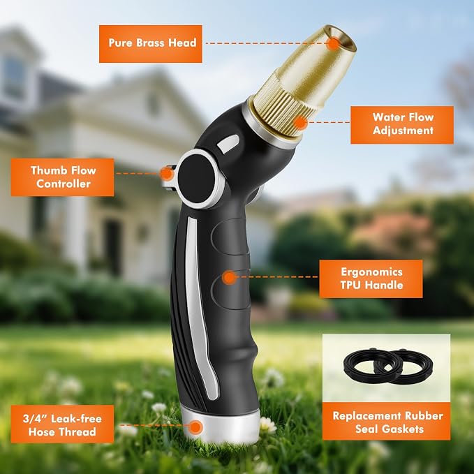 RESTMO Garden Hose Nozzle, Heavy Duty Water Hose Sprayer Nozzle, Silver | Brass Head, Thumb Control, Adjustable 4 Spray Patterns, Leak-proof, Metal Hose Nozzle for Outdoor Lawn & Plant & Car