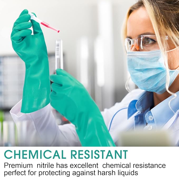Potchen 10 Pairs Chemical Resistant Gloves 15 Mil Nitrile Gloves,Medium | Reusable Green Rubber Gloves for Cleaning, Resist Household Acid, Alkali And Oil,long Cuff Arm Protection, Dishwashing