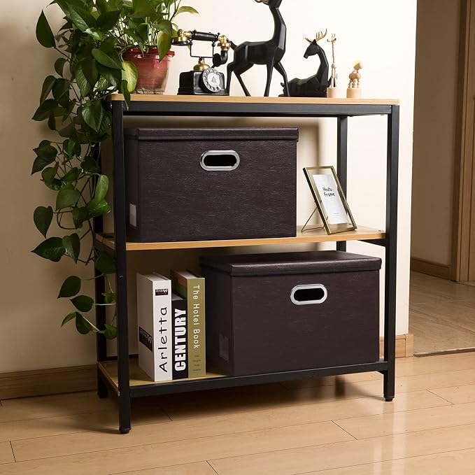 Collapsible Storage Bins with Lids [3-Pack] Leather Fabric Foldable Storage Boxes Organizer Containers Baskets Cube with Cover for Bedroom Closet Office Nursery Brown (14.9x10.8x10)