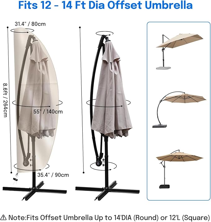 OKPOW Cantilever Patio Umbrella Cover: Fits 12-14 FT Outdoor Umbrellas | Easy Install with Rod & Long Zipper, Waterproof 420D Oxford Cover, Protects Offset Umbrella from Sun, Rain, Snow & Dust