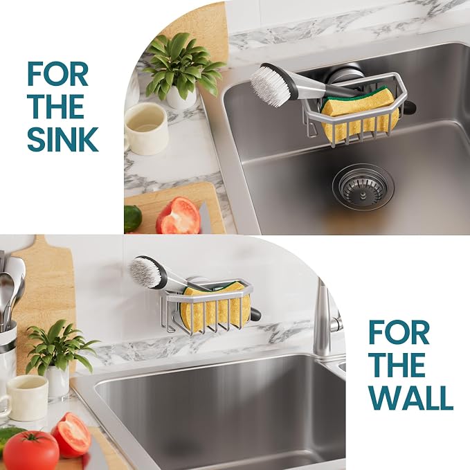 TAILI Sponge Holder for Kitchen Sink with Suction Cup-Silver, Aluminum | Rustproof Aluminum Sink Caddy for Sponges,Brushes,Stoppers & Scrapers,Removable Ventilated Quick-dry Design, holds Up 11lbs