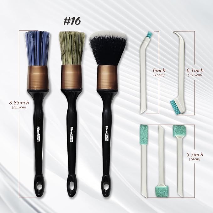 8PCS Car Detailing Brush Set, Mixed Bristles Soft Detail Brushes, Gold | Boars Hair & Ultra Soft Auto Detailing Brush, No Scratch for Leather Dashboard, 5 Crevice Tools Reach AC Outlet, Wet Dry Use