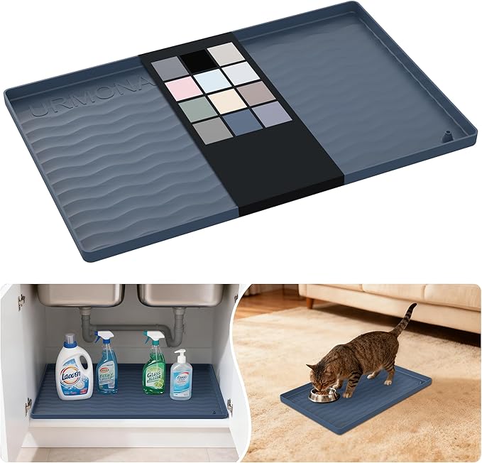 URMONA Waterproof Silicone Under Sink Mat 19'' x 12'' Shelf Liner for Kitchen and Bathroom, Cabinet and Counter Protector, Storage and Organizers, Litter Mat, Pet Cat Puppy Essentials(Dark Grey)