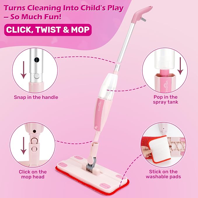 Dreamon Kids Spray Mop - Real Working Toddler Cleaning Set for for Ages 3-7 | Pink Fun & Functional Kids Mop Cleaning Set, Real Working Mini Mop with Spray Bottle, Cleaning Toys Gifts for Kids Girls Boys